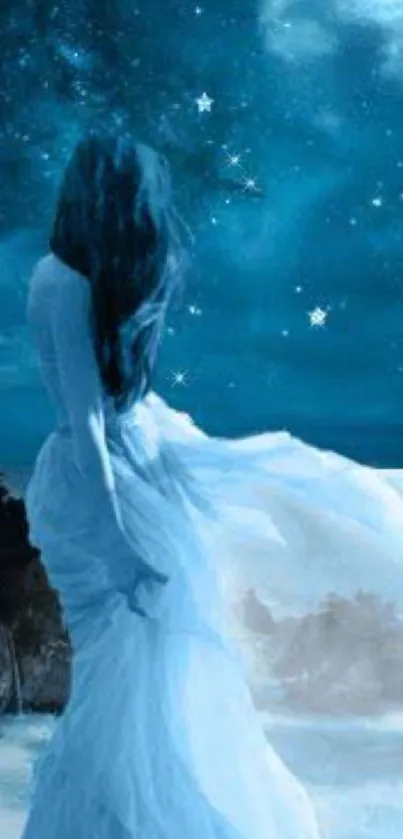 Silhouette in a flowing dress gazing at a starry night sky and moonlit ocean.