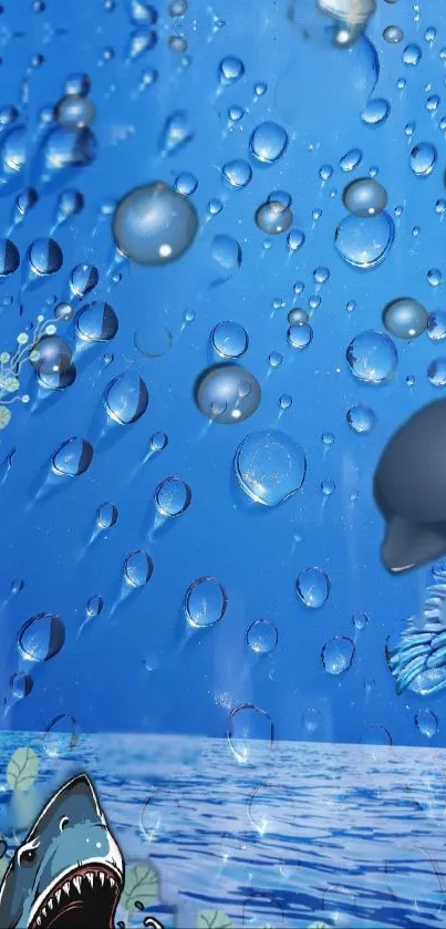 A whimsical blue ocean-themed wallpaper with cartoon sea creatures and droplets.