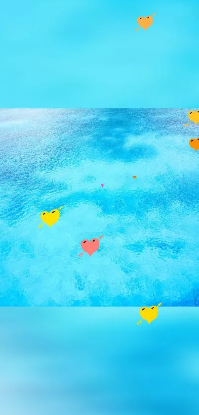 Blue ocean wallpaper with colorful heart shapes.