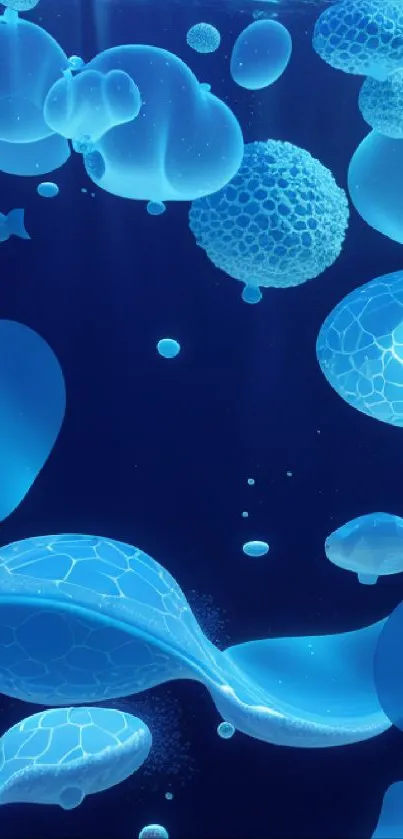 Blue oceanic wallpaper with jellyfish-like bubbles floating.