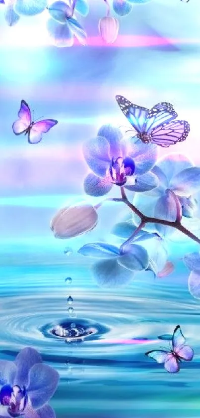 Blue orchids and butterflies on a tranquil water background.