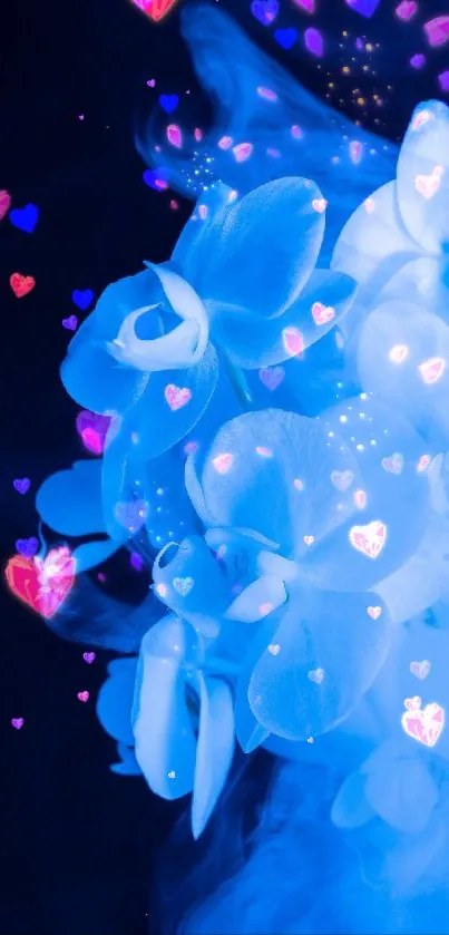 Blue orchids with glowing heart shapes on a dreamy background.