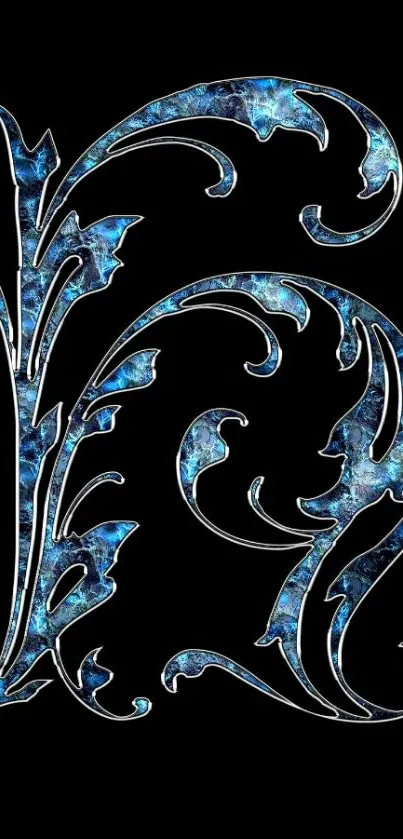 Intricate blue floral letter design on black background