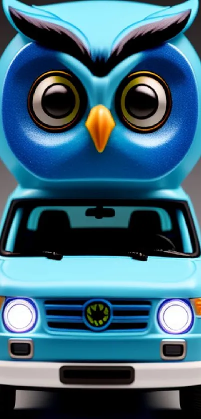 Cute blue owl toy car, whimsical wallpaper art.