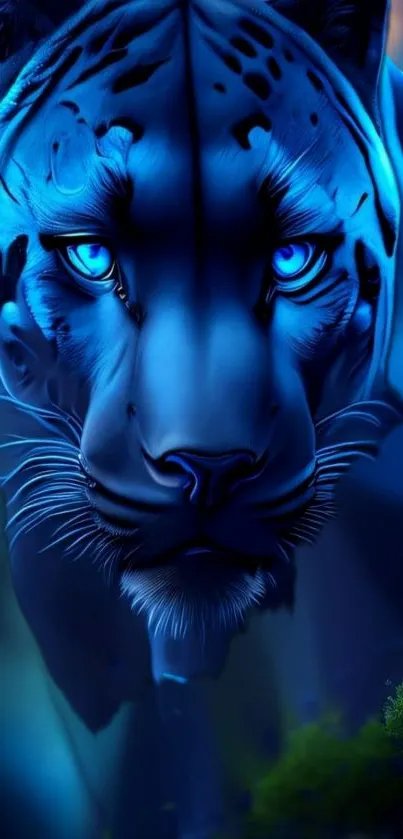 Majestic blue panther with glowing eyes.