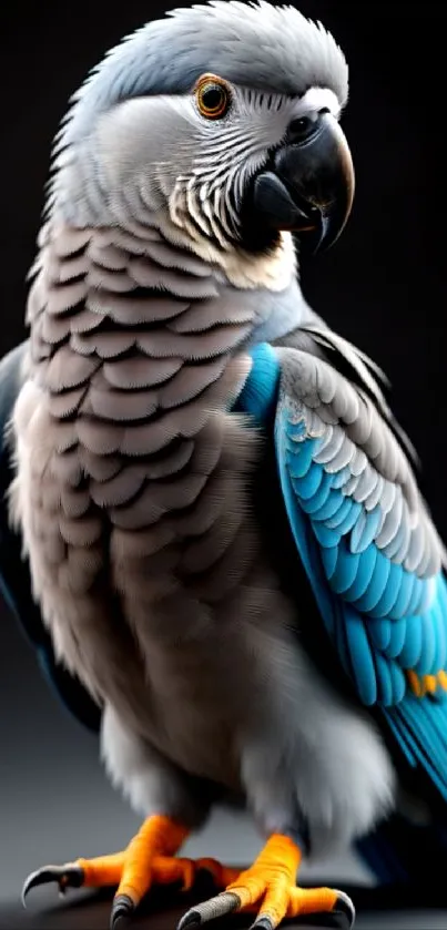 A vibrant blue parrot against a dark background.