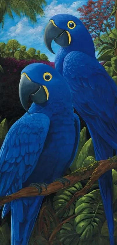 Vibrant blue parrots perched in a lush jungle setting.