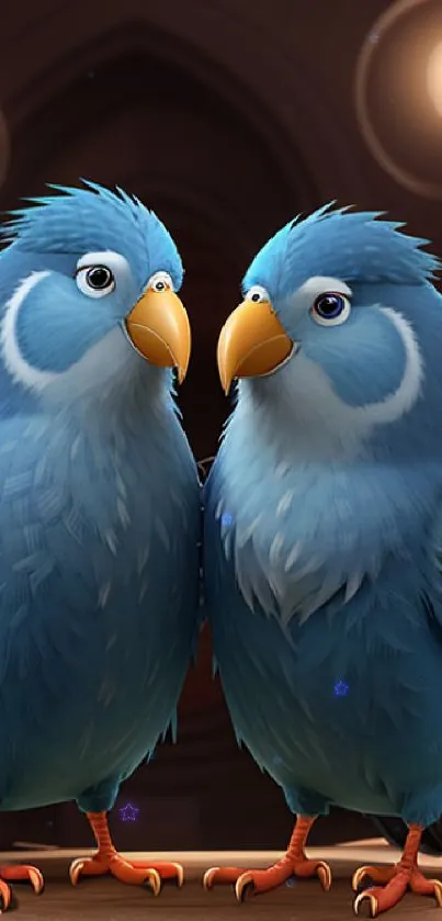 Two blue parrots on a wooden perch under warm lights.