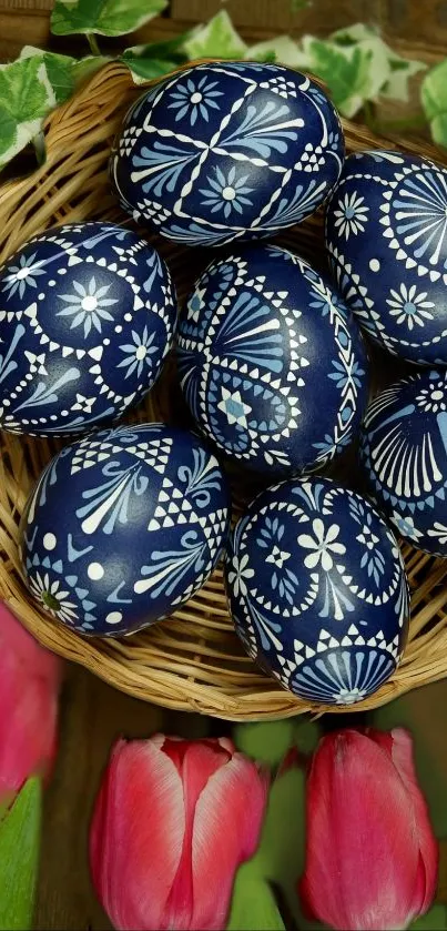 Blue Easter eggs in basket with tulips.