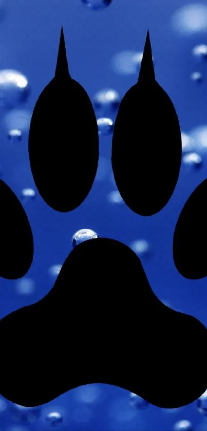 Black paw print on a blue background with bubbles.