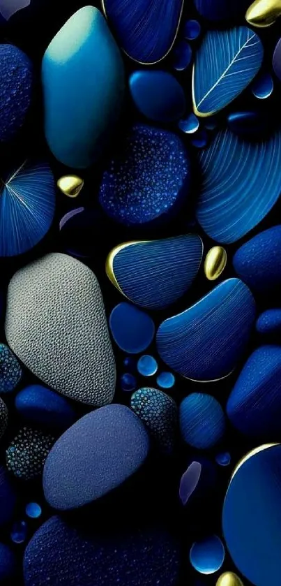 Abstract wallpaper with blue pebbles and golden accents.