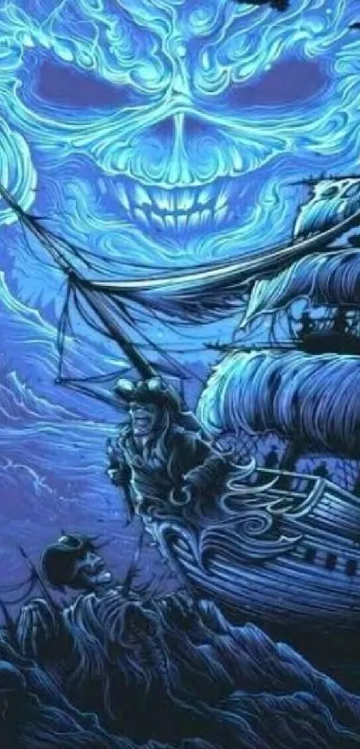 Pirate ship with glowing blue skull in the night sea, adventure wallpaper.