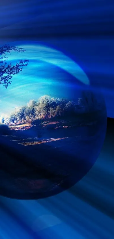 Abstract dark blue wallpaper with reflective planetary spheres and nature scene.