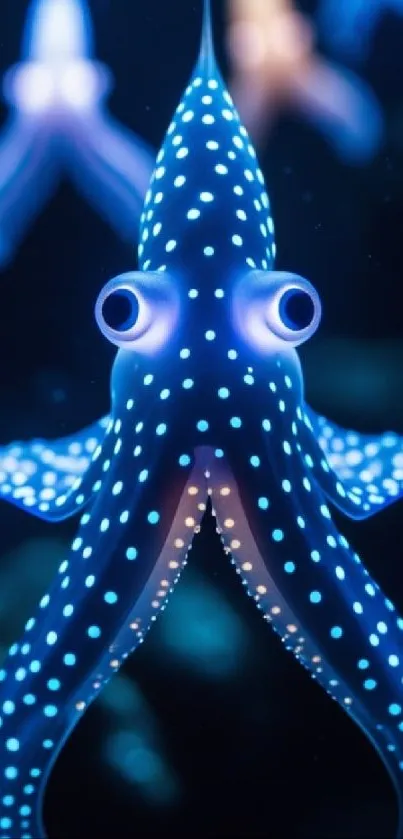 Vibrant blue octopus with polka dots on a dark background.