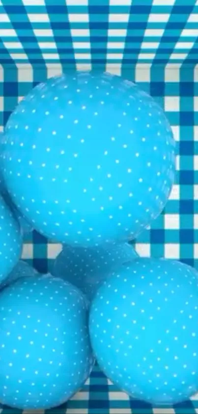 Blue polka dot spheres with checkered background.