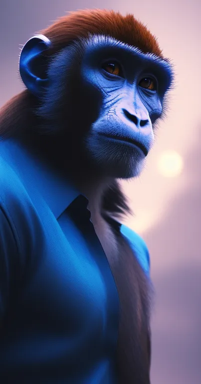 Blue primate with glowing eyes in misty background.