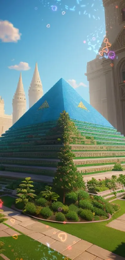 Blue pyramid amid city architecture with greenery.