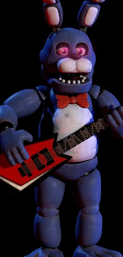 Cartoon blue rabbit playing a red guitar.