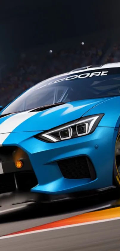 Dynamic blue racing car on a track, capturing speed and excitement.