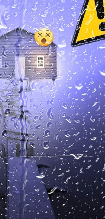 Blue wallpaper with rain and emoji design featuring house and warning sign.
