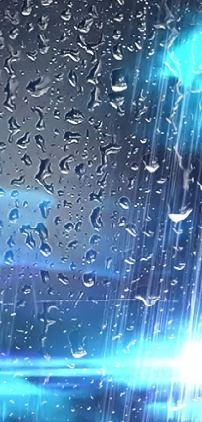 Mobile wallpaper with blue raindrop reflections and light streaks.