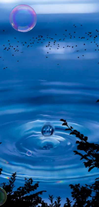 Serene blue wallpaper with water ripples and bubbles.