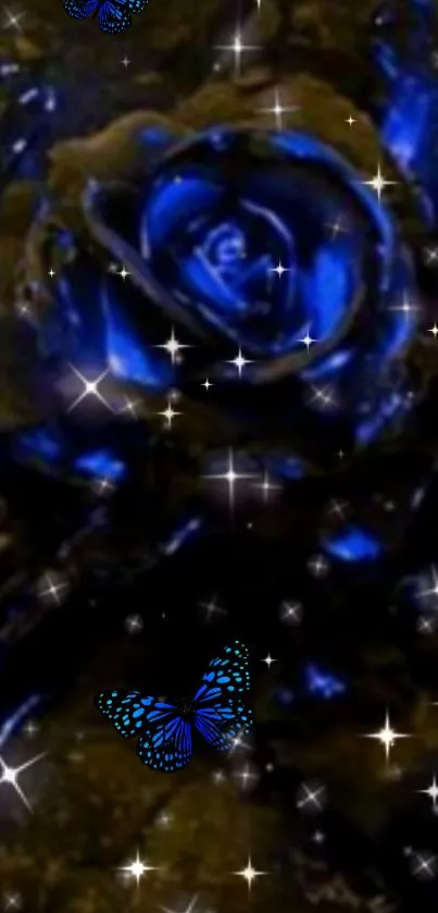 Elegant blue rose with glowing butterflies and stars on a dark background.