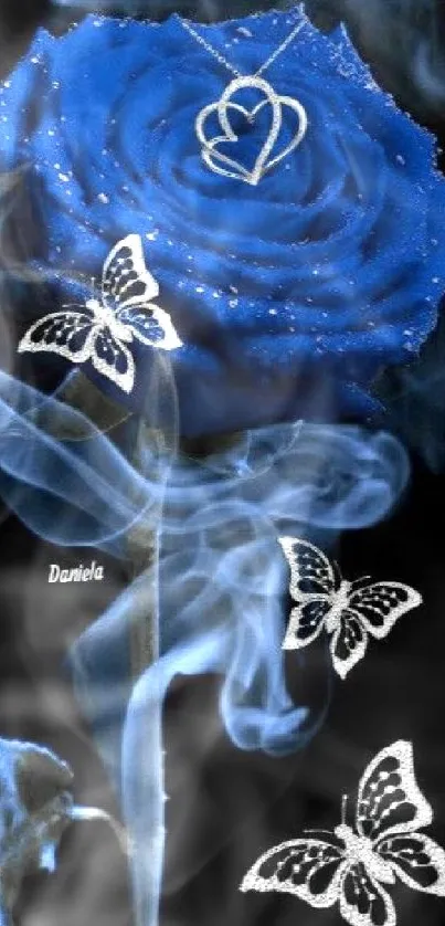 Deep blue rose with silver butterflies and smoke.