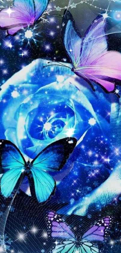 Colorful butterfly and blue rose wallpaper design.