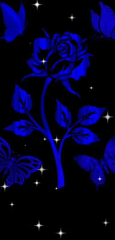 Blue rose and butterflies on black background wallpaper.