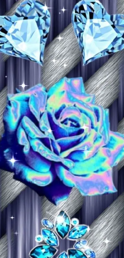 Iridescent blue rose with diamond hearts on metallic background.