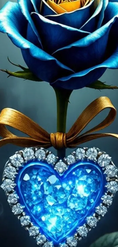 Blue rose with gemstone heart mobile wallpaper.