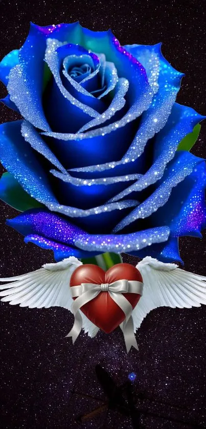 Blue rose and heart with wings on starry background mobile wallpaper.