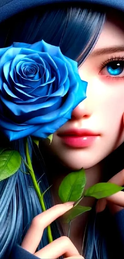 Anime girl with blue rose and hair, stunning digital art.