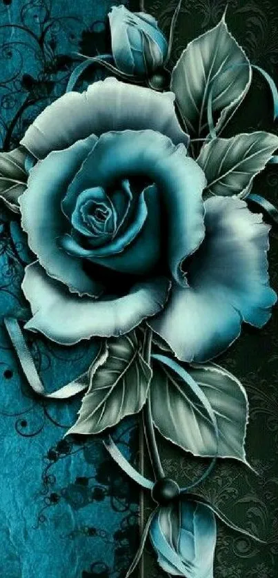 Intricate blue rose and leaf design mobile wallpaper.