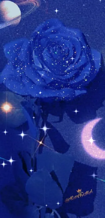 Mystical blue rose with stars and celestial elements.