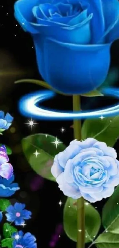 Good night wallpaper with blue rose and butterfly design.