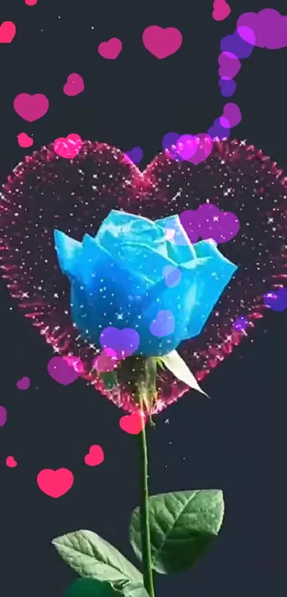 Blue rose with pink heart on dark blue background.