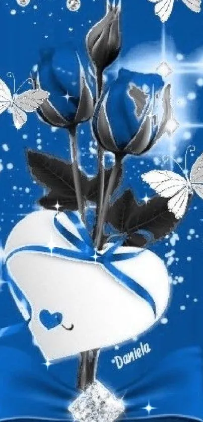 Romantic wallpaper with blue roses and butterflies.