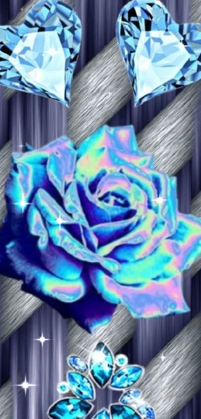 Blue rose with gem hearts on textured background wallpaper.