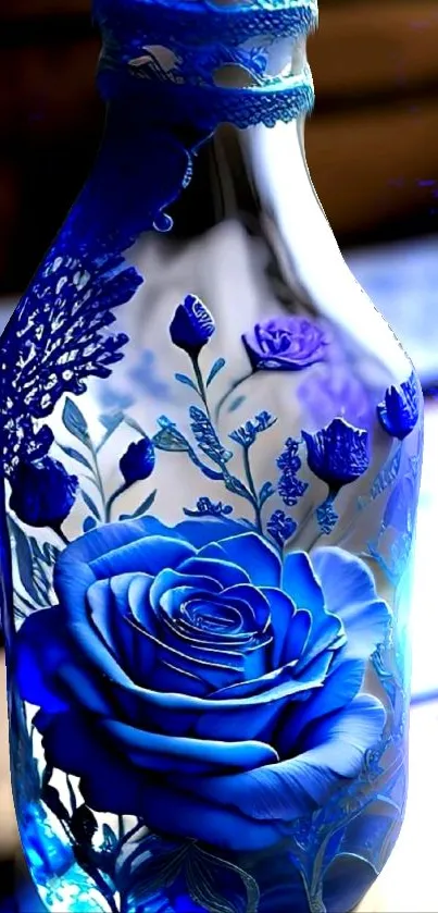 A beautiful blue rose in a decorative glass bottle.