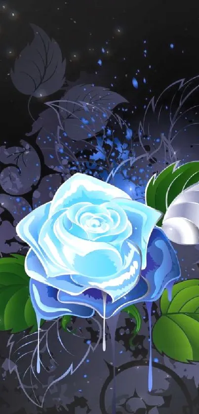 Blue rose with green leaves on a dark background.