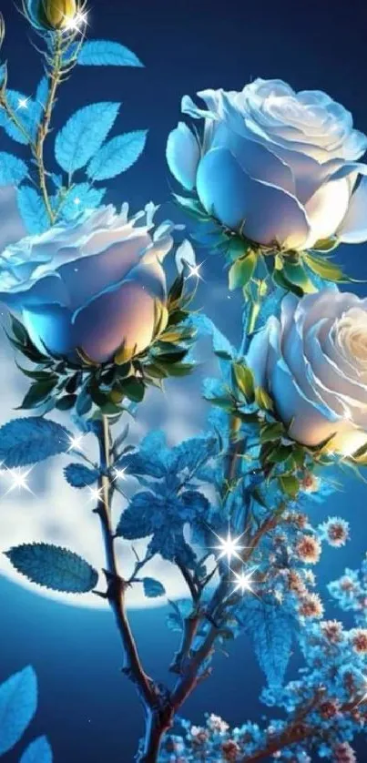 Blue roses glowing under a moonlit sky in an enchanting wallpaper design.