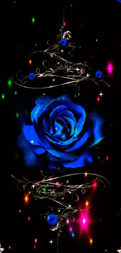 Glowing blue rose with neon lights and floral swirls on dark background.