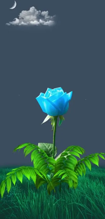 Blue rose with green leaves under night sky, featuring a small cloud and crescent moon.