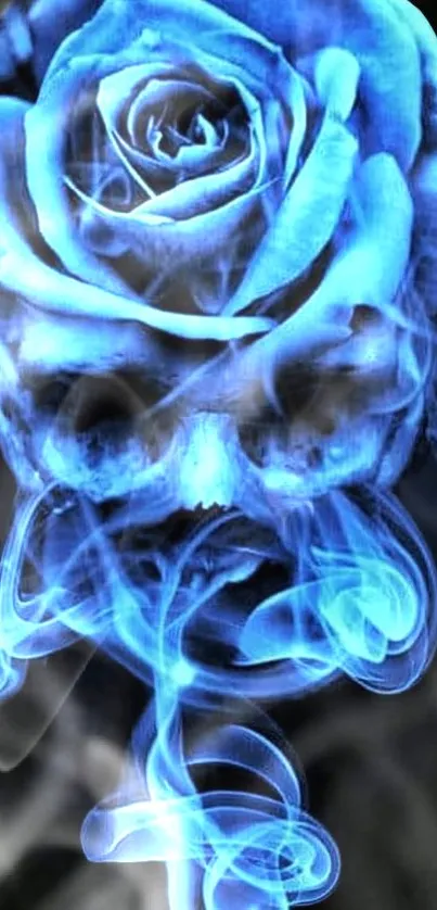 Ethereal blue rose and skull with smoke on dark wallpaper.