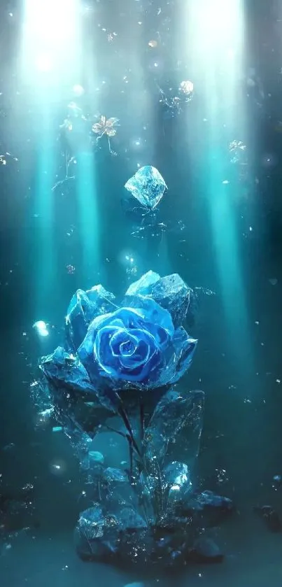 Blue rose underwater fantasy wallpaper with crystals.