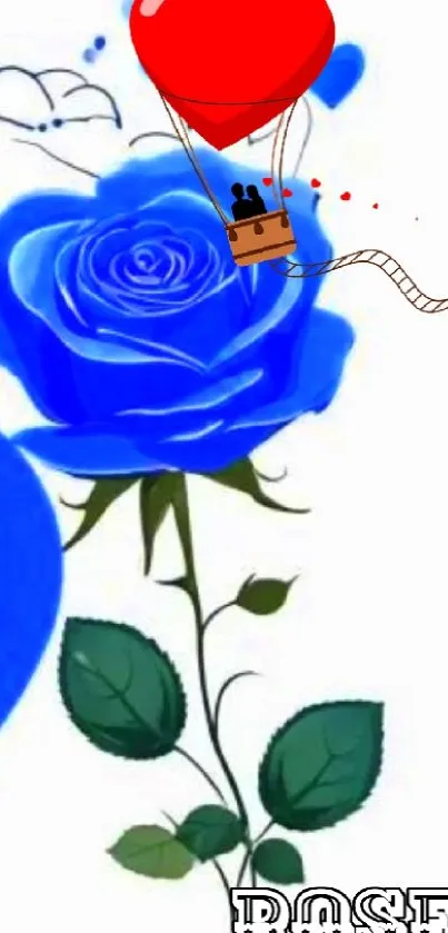 Artwork of a blue rose with a red balloon and silhouette on a white background.