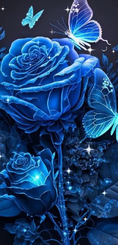 Blue roses and butterflies on a dark background.