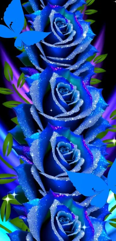 Wallpaper with blue roses and butterflies, sparkling effect.